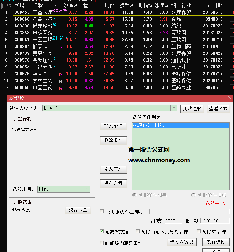 抗疫1号选股附带选股效果图原码加密亦无限时指标