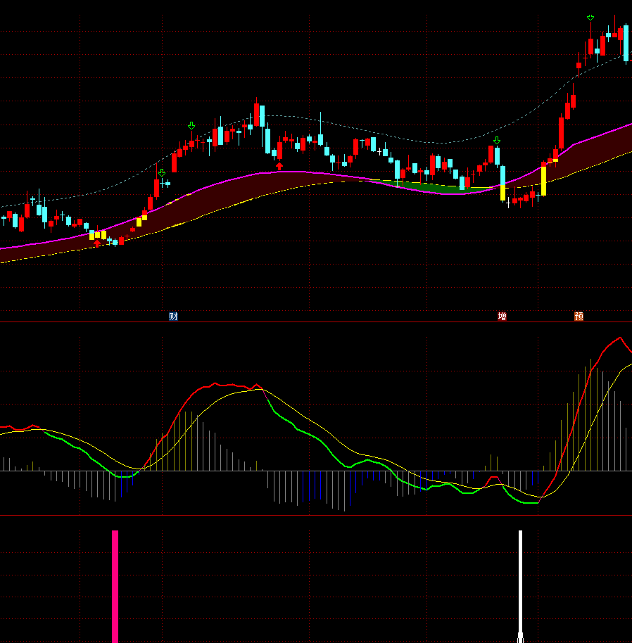 二柱立本指标（副图 通达信 贴图）紫色柱子标注起涨，白色柱子标注回档反弹