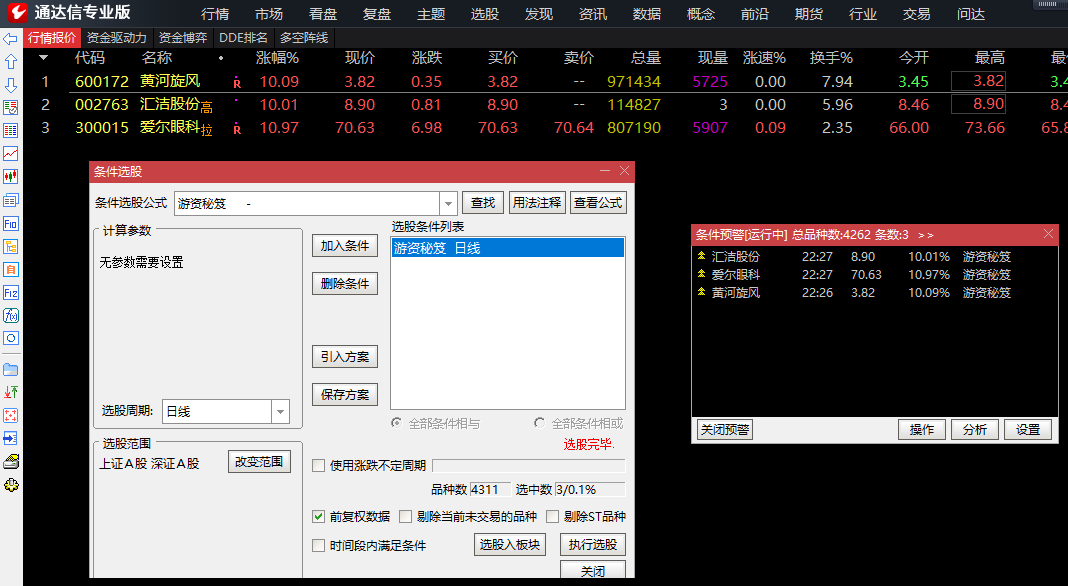 根据游资秘笈指标改成的牛市百倍的选股指标和通达信预警公式