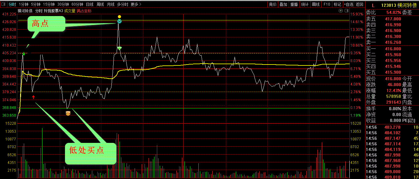 【玲珑t+0分时指标】高低点提示，急涨急跌预警，用于股票、可转债，期货等