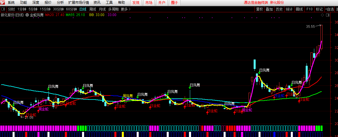 金蛇凤舞，一个简洁明了的主图指标(通达信公式 源码 实测图)