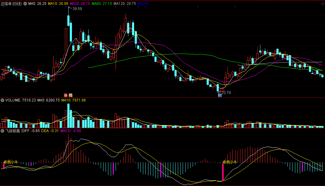 飞扬背离副图指标 专找小牛 通达信 源码 实测图