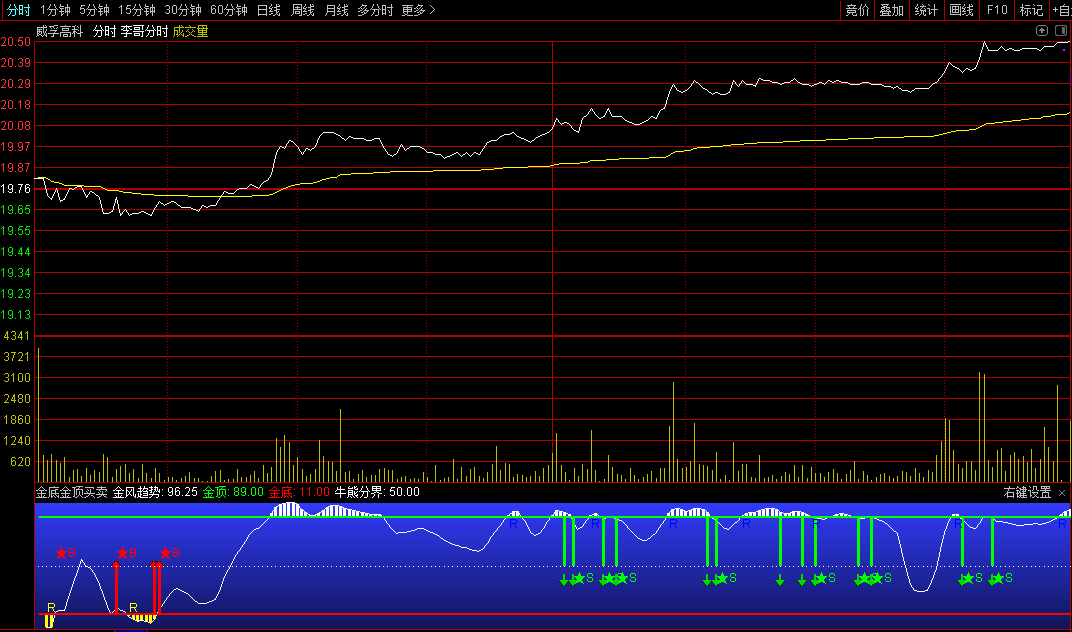 高手不外传的做t神器指标——金底金顶买卖分时公式，分时进出做利差！