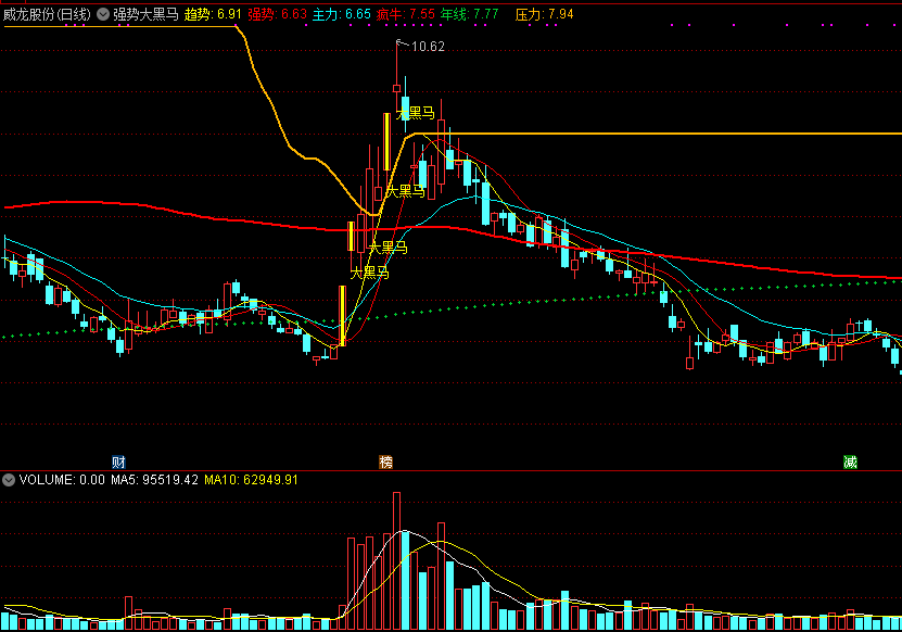 【强势大黑马】主图指标，量能趋势转强，抓强势大牛股！