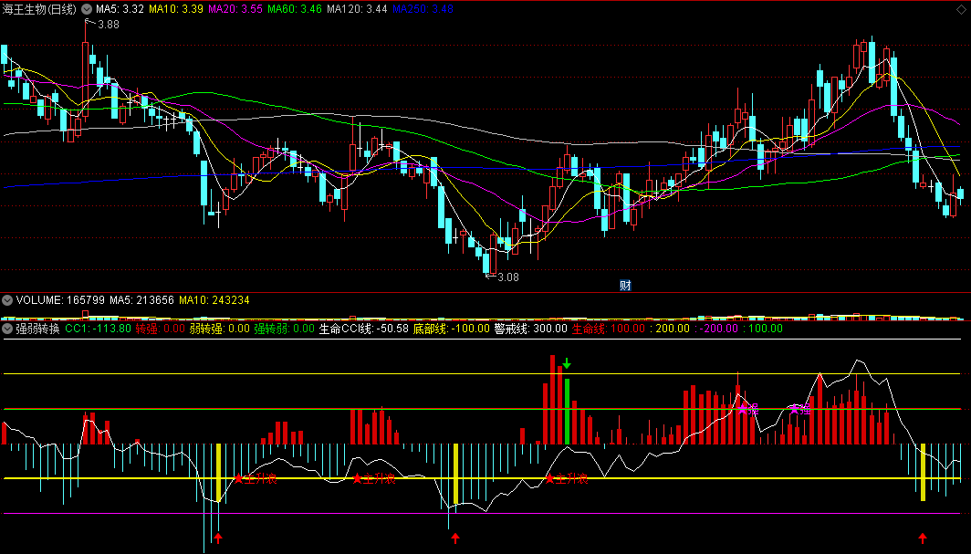 〖强弱转换〗副图指标 低位黄柱是弱转强 高位绿柱是强转弱 通达信 源码