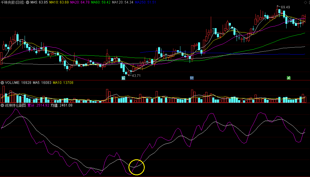 〖战神持仓〗副图指标 均值累计 紫色线上穿白色线即反弹 通达信 源码