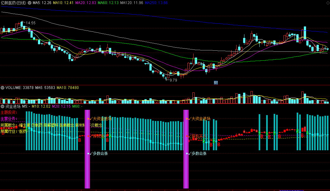 〖资金进场〗副图指标 变色K线柱+大资金进场 组合两个指标方便看盘 通达信 源码