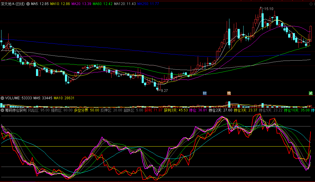 〖筹码持仓获利比例〗副图指标 获利天数 持仓天数 通达信 源码