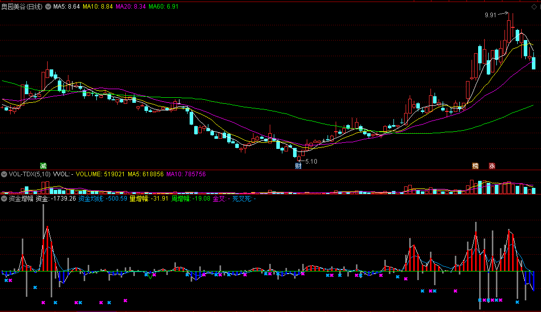 〖资金增幅〗副图指标 红柱增量 蓝柱缩量 通达信 源码