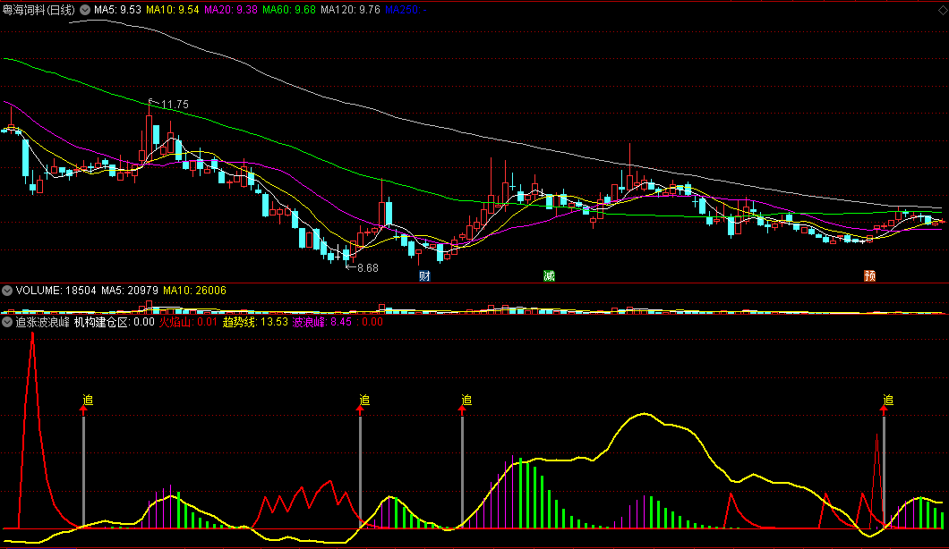 〖追涨波浪峰〗副图指标 超跌波浪形态 机构建仓 跟庄买入 通达信 源码