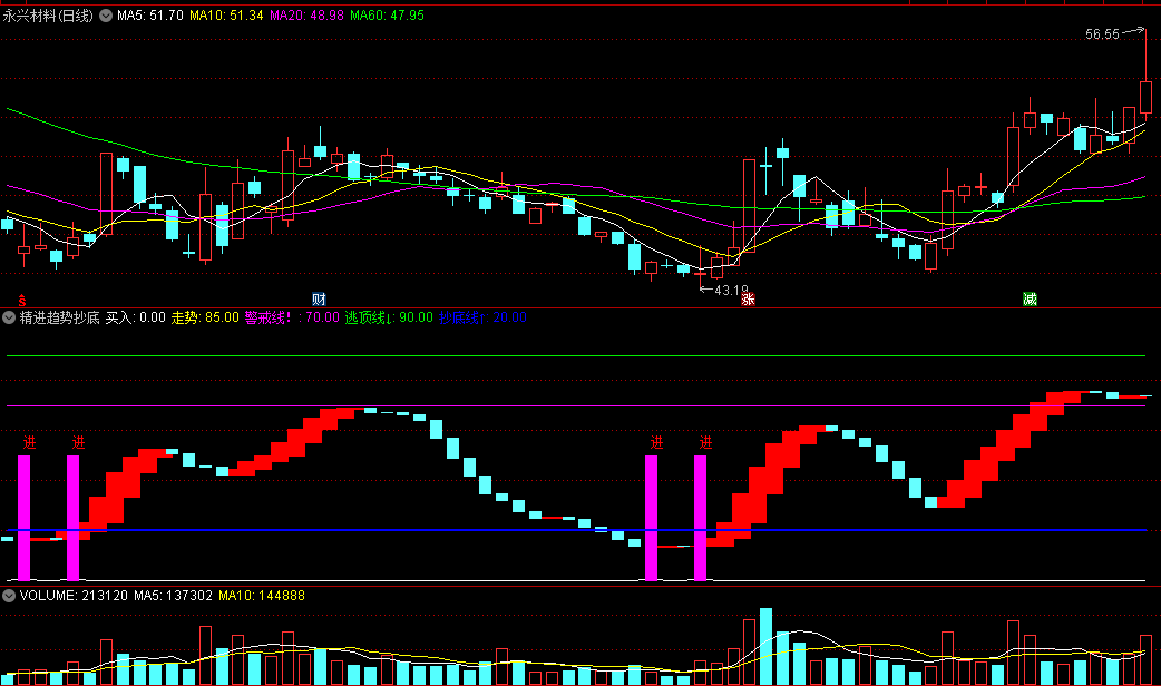 〖精进趋势抄底〗副图套装指标 紫柱进 经测试抄底信号准确 通达信 源码