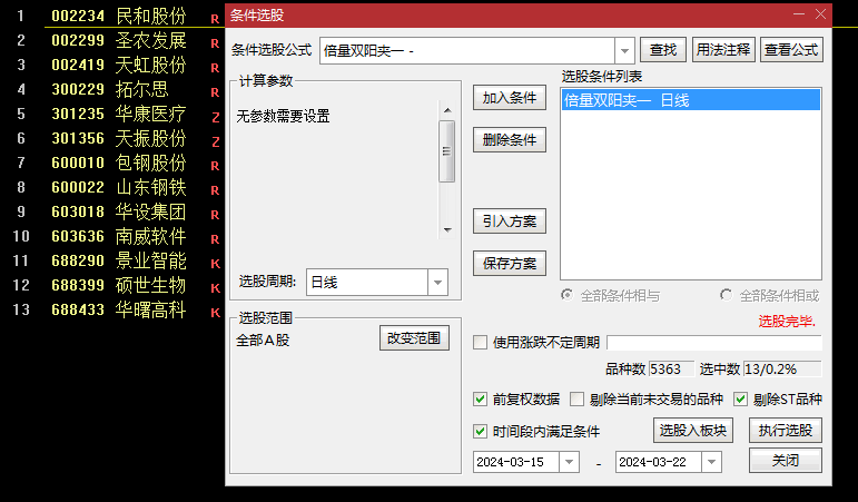 〖倍量双阳夹一阴〗副图/选股指标 主力做盘 加速强洗暴涨模型 通达信 源码