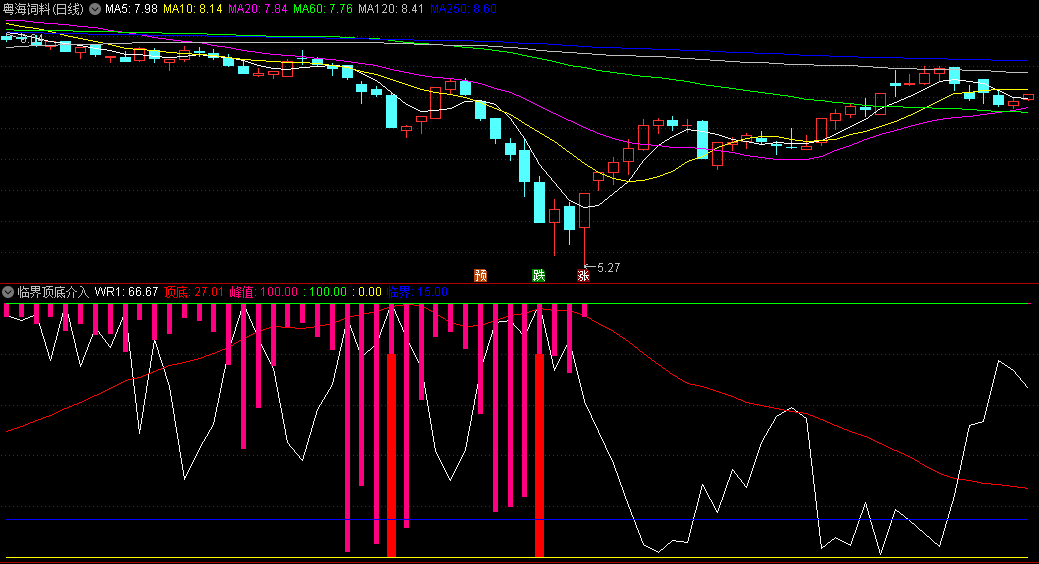 〖临界顶底介入〗副图指标 与RSI/MTM指标配合使用效果更好 通达信 源码