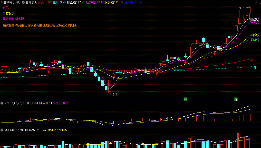 〖主升浪〗主图指标 包含操盘线/压力线/回踩线/趋势线多头 无未来 通达信 源码
