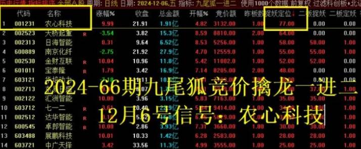 较高封板率的【九尾狐竞价一进二】主图+副图排序+选股指标，竞价擒龙模式，可当天回测！