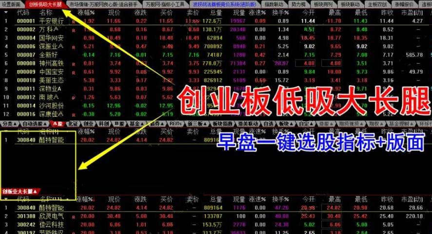 【创业板最强】低吸套装指标，竞价低吸大长腿，全套版面一键选股与排序，仅限电脑使用！