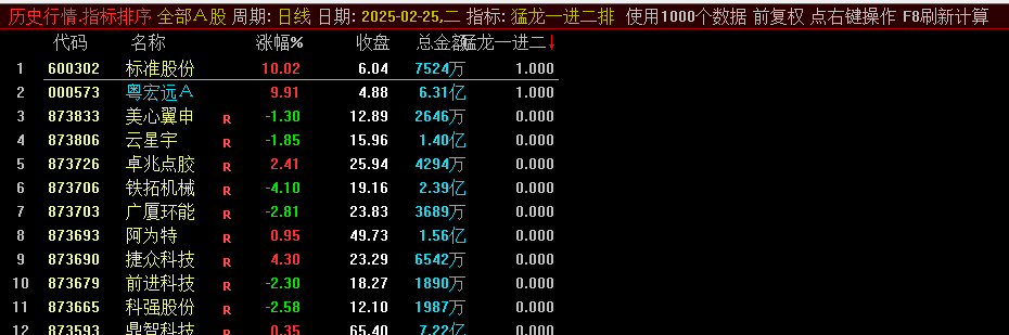 2025年第十二贴之通达信【猛龙一进二排序】副图指标，量能与价格同时突破，出票极少！