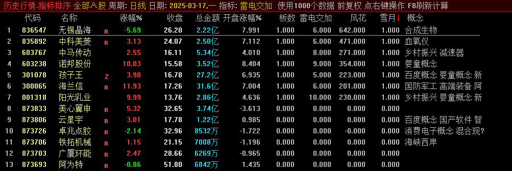 通达信【雷电交加】副图排序指标，9.25-9.30使用，自用高胜率竞价指标！