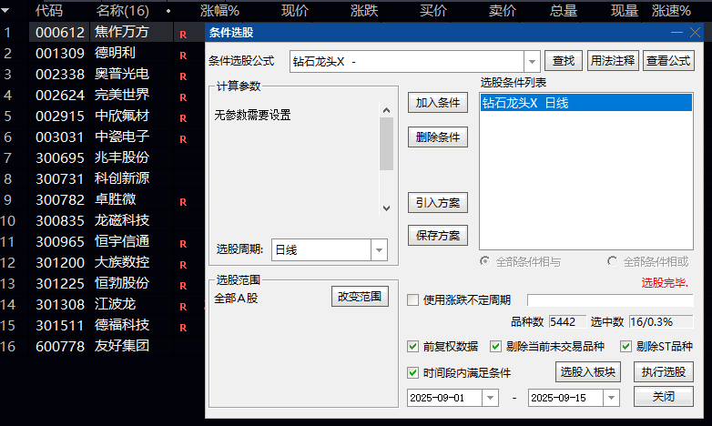 金牌【钻石龙头】副图/选股指标 分析价格波动特征 捕捉个股在短期调整后出现的反转信号