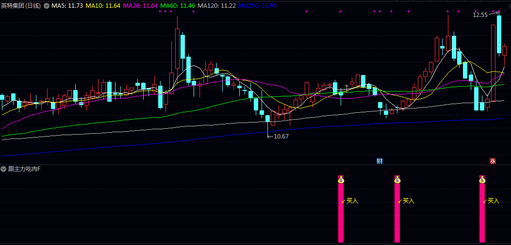 【跟主力吃肉】副图/选股指标 信号出来后 等后面放量 时间一到三天不定 就是买点
