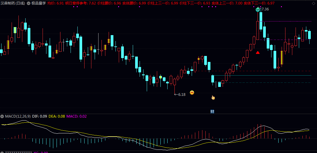 【极品量学】主图指标 以特殊颜色标示当日涨停及跳空上涨K线 动态计算 价柱的重要比例分割位