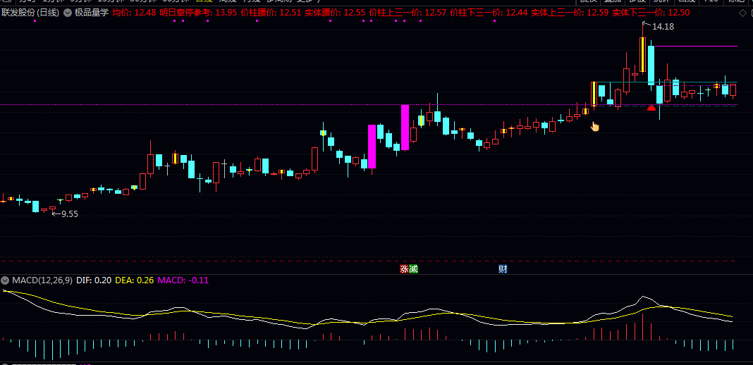 【极品量学】主图指标 以特殊颜色标示当日涨停及跳空上涨K线 动态计算 价柱的重要比例分割位