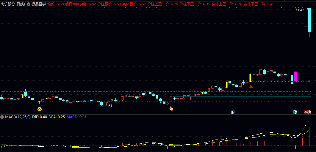 【极品量学】主图指标 以特殊颜色标示当日涨停及跳空上涨K线 动态计算 价柱的重要比例分割位