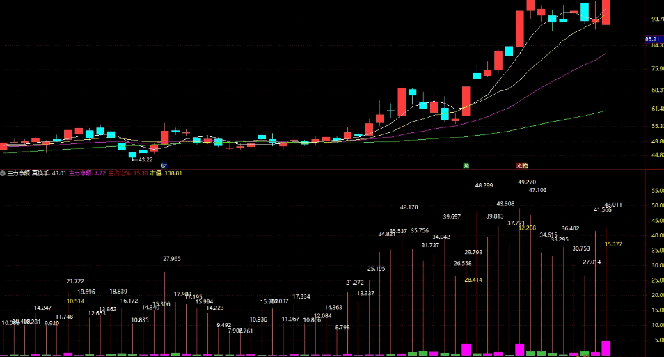 真实换手【主力净额】副图指标 公式是面向股票分析的资金面+交易活跃度复合指标